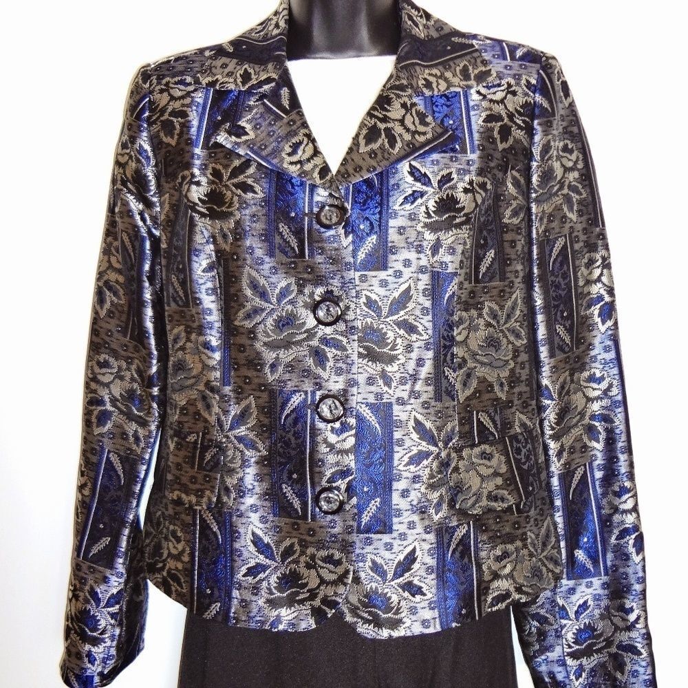 Sassia Women's Silver and Blue Floral Pattern Imported Jacket Size 2